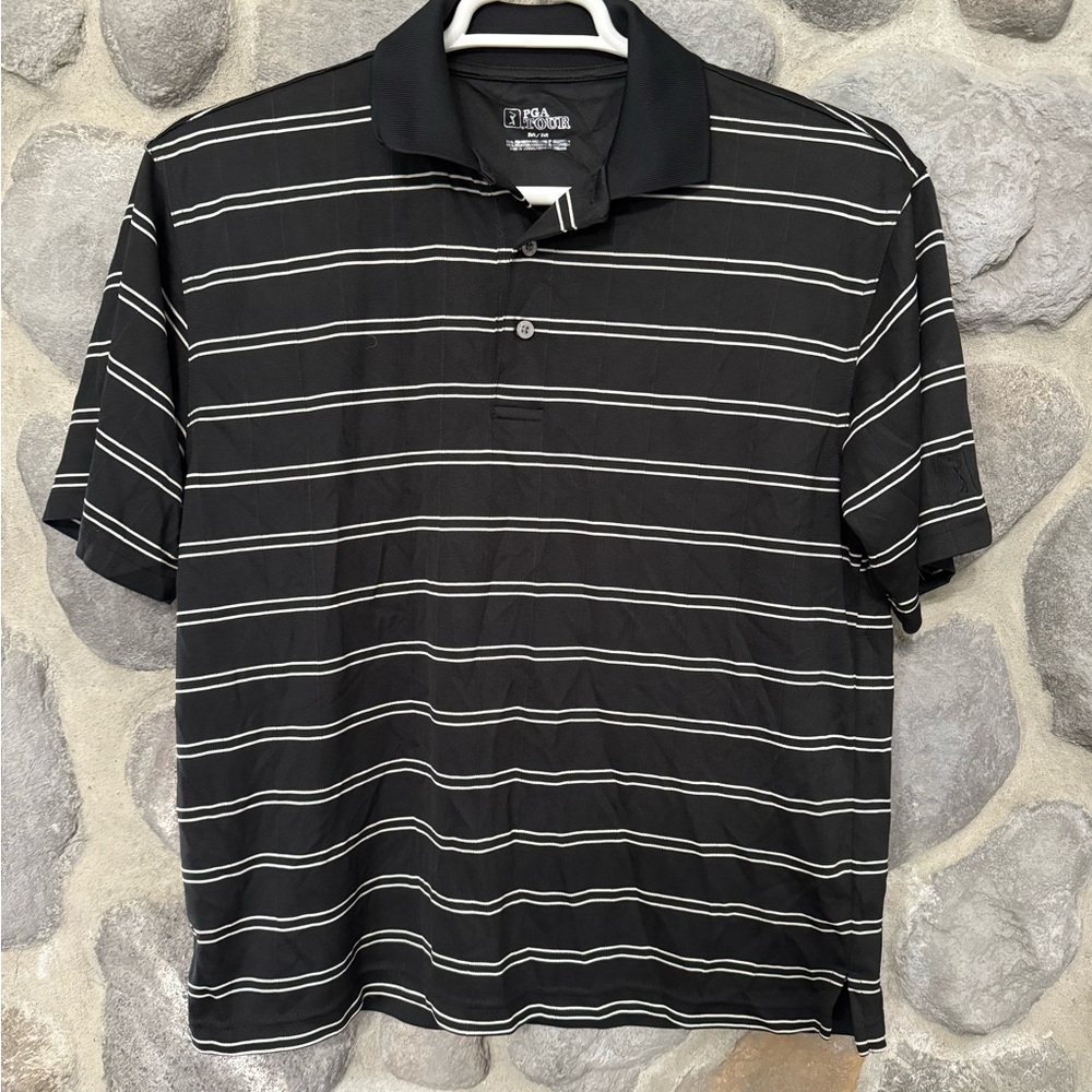 PGA Tour Black White Stripe Polo Shirt M